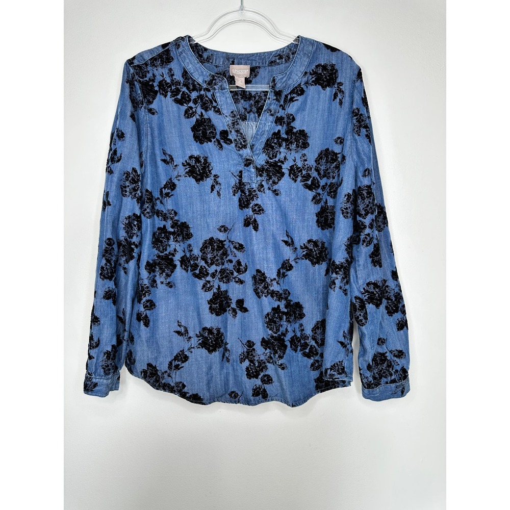 Chicos Velvet Burnout Chambray Tunic Top Size 2 L Blue Black Floral Lyocell Boho